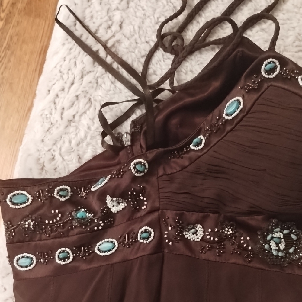 Elegant Brown Sue Wong 100% Silk Halter Dress - Picture 14 of 16